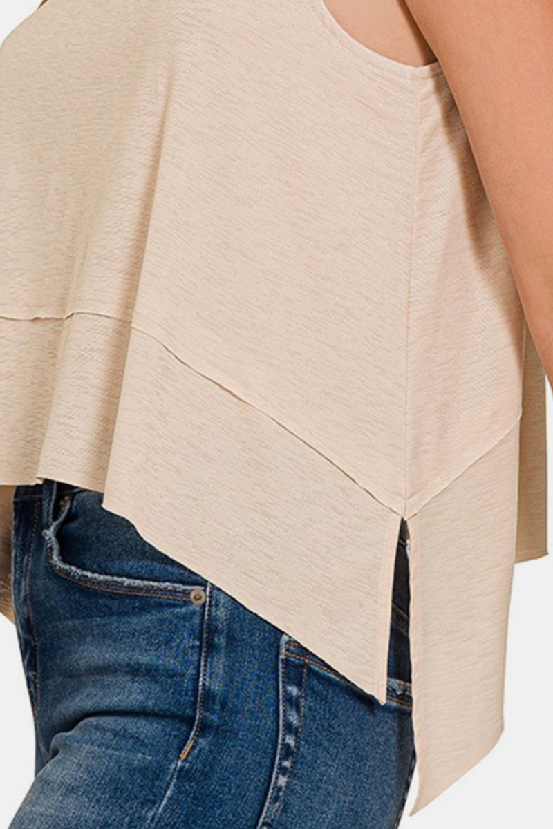 Soft Sand Exposed Seam Slit Round Neck Tank