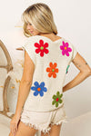 Cream Multicolor Flower Round Neck Cap Sleeve Knit Top