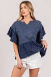 Navy Ruffle Sleeve Washed Short Sleeve Blouse