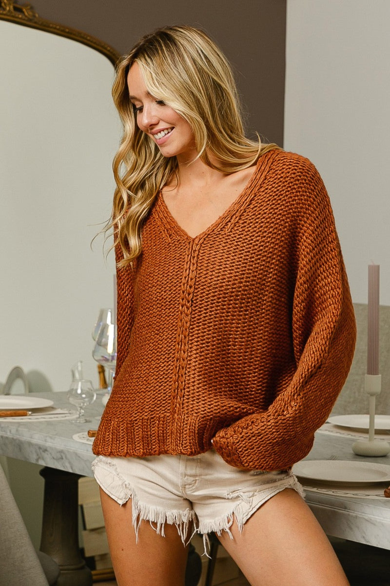 Cinnamon V-Neck Cable Knit Sweater