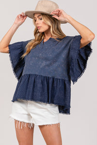 Navy Ruffle Sleeve Washed Short Sleeve Blouse