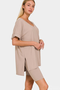 Ash Mocha Full Size V-Neck Short Sleeve Slit T-Shirt and Shorts Set