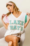 LAKE DAYS Letter Patch V-Neck Color Block Short Sleeve T-Shirt