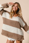 Taylor Slit Striped V-Neck Dropped Shoulder Sweater